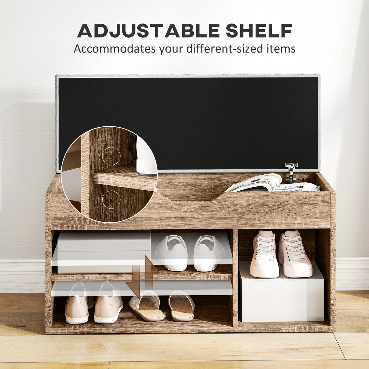 Shoe cabinet bench with adjustable shelf and open compartments for shoes