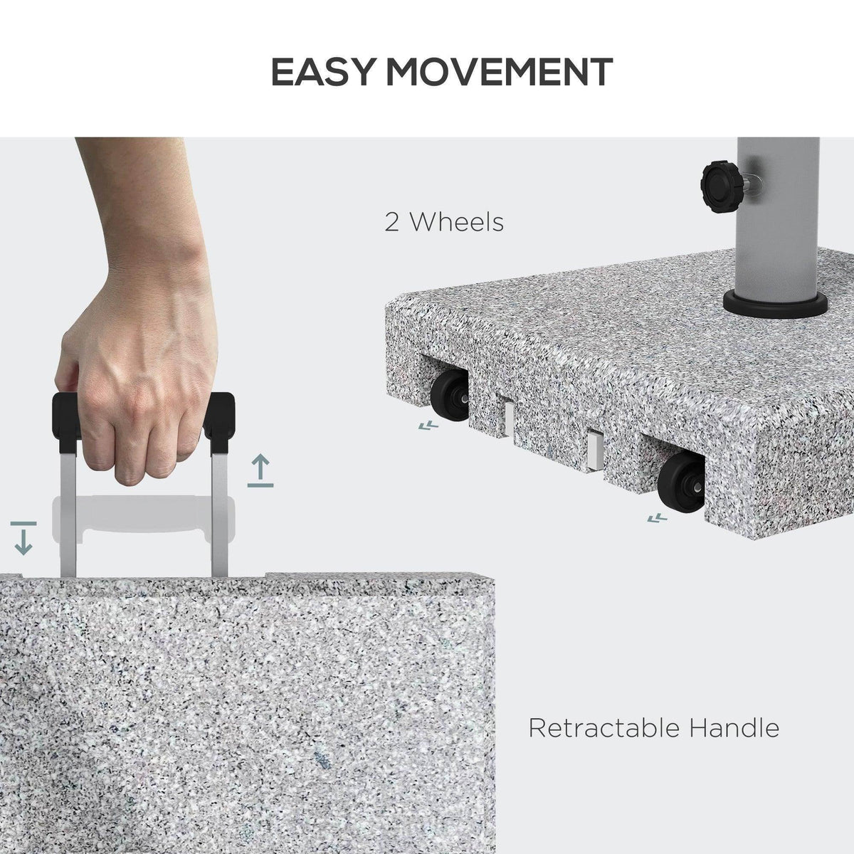 Granite umbrella stand with retractable handle and two wheels, shown being moved.