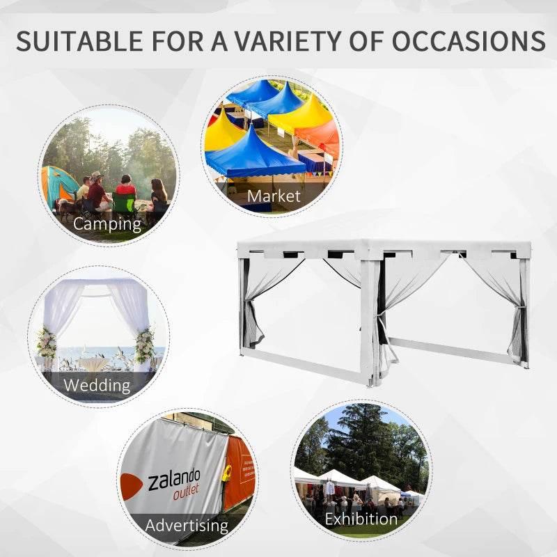 White PE canopy party tent with mesh side curtains and sturdy metal frame