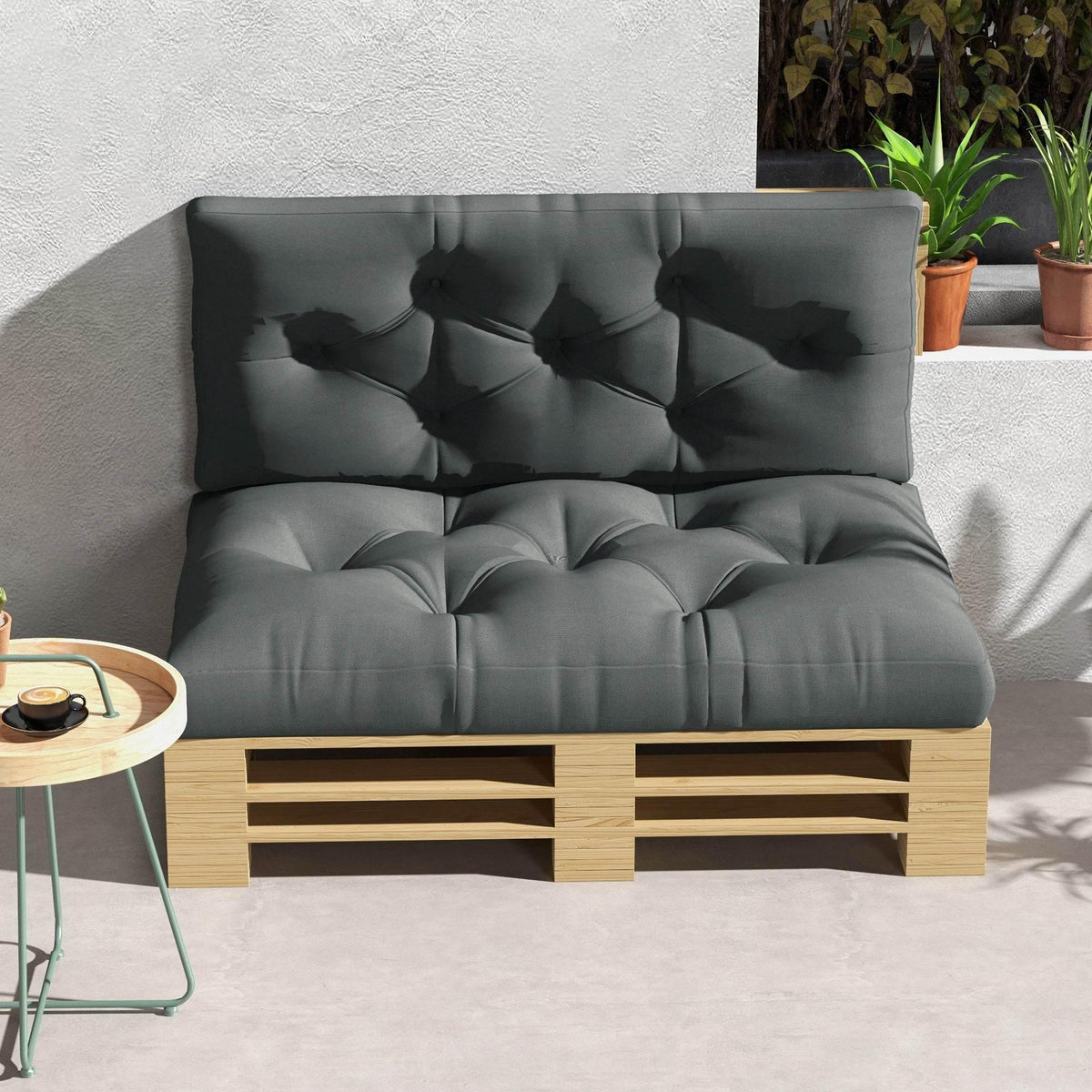 Light grey tufted outdoor chair cushion set with plush backrest and seat pads
