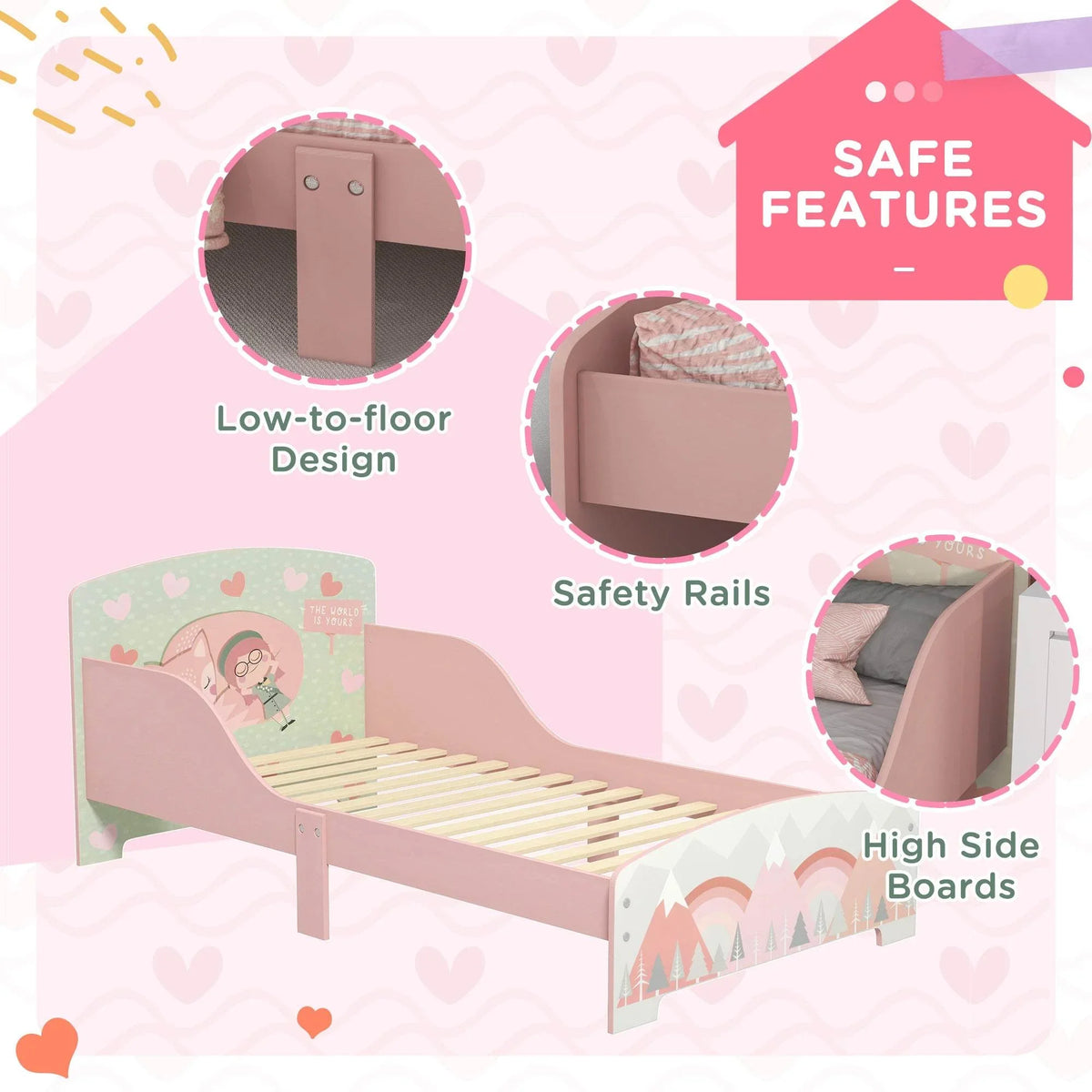 Low-to-floor pink toddler bed frame with tall safety rails and woodland animal print panels.
