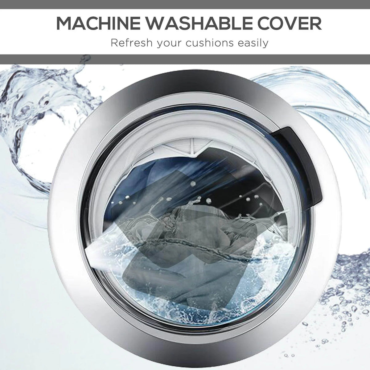 Dark gray cushion cover marked machine washable with washing machine graphic