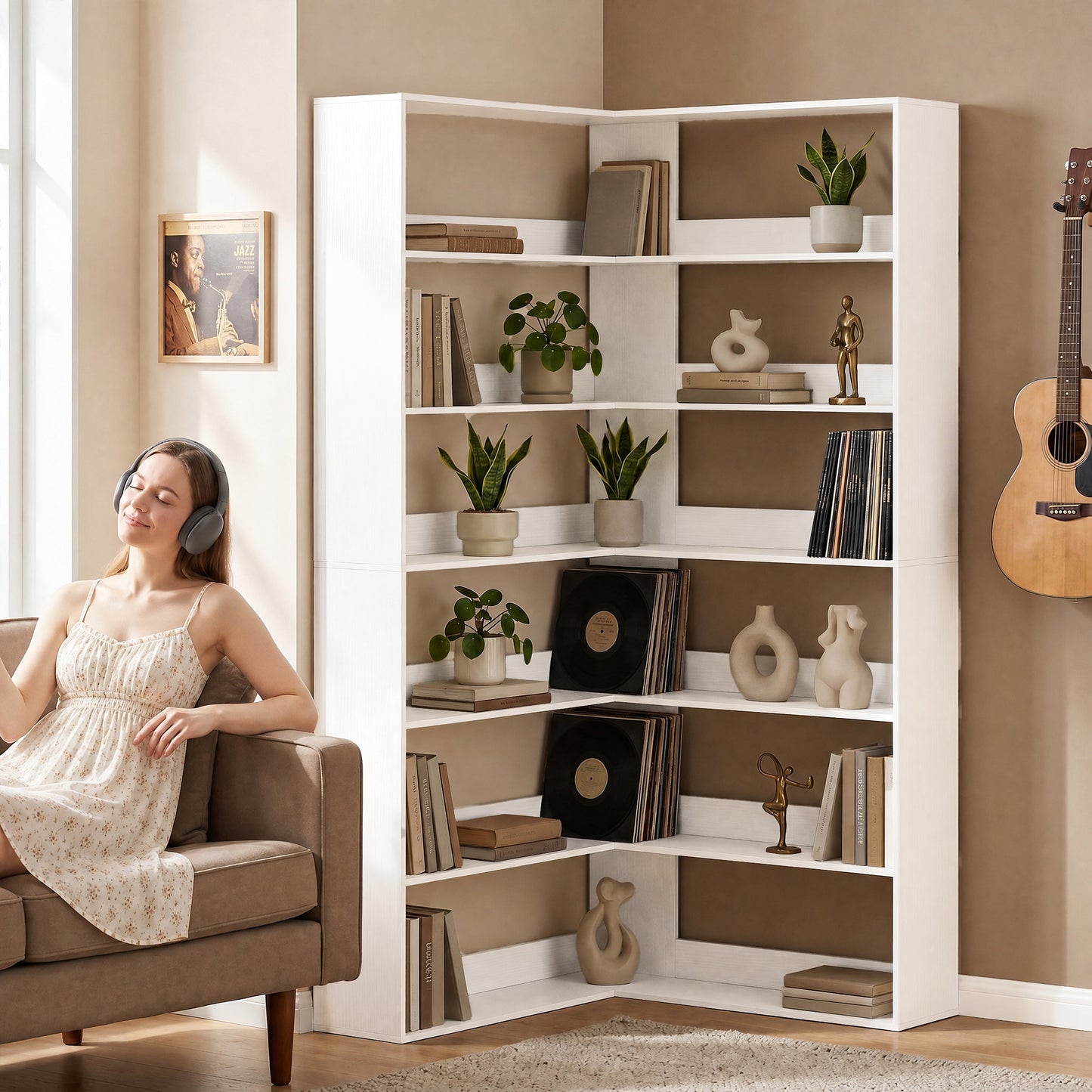 HOMCOM 7 Tier L Shaped Corner Bookshelf White Wood Effect 180 cm Tall With Anti Slip Rear Guard