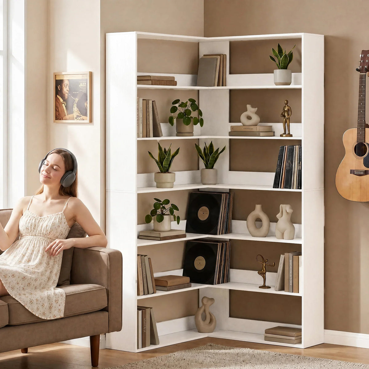 White wood-effect L-shaped corner bookshelf with open 7-tier shelves and decorative items