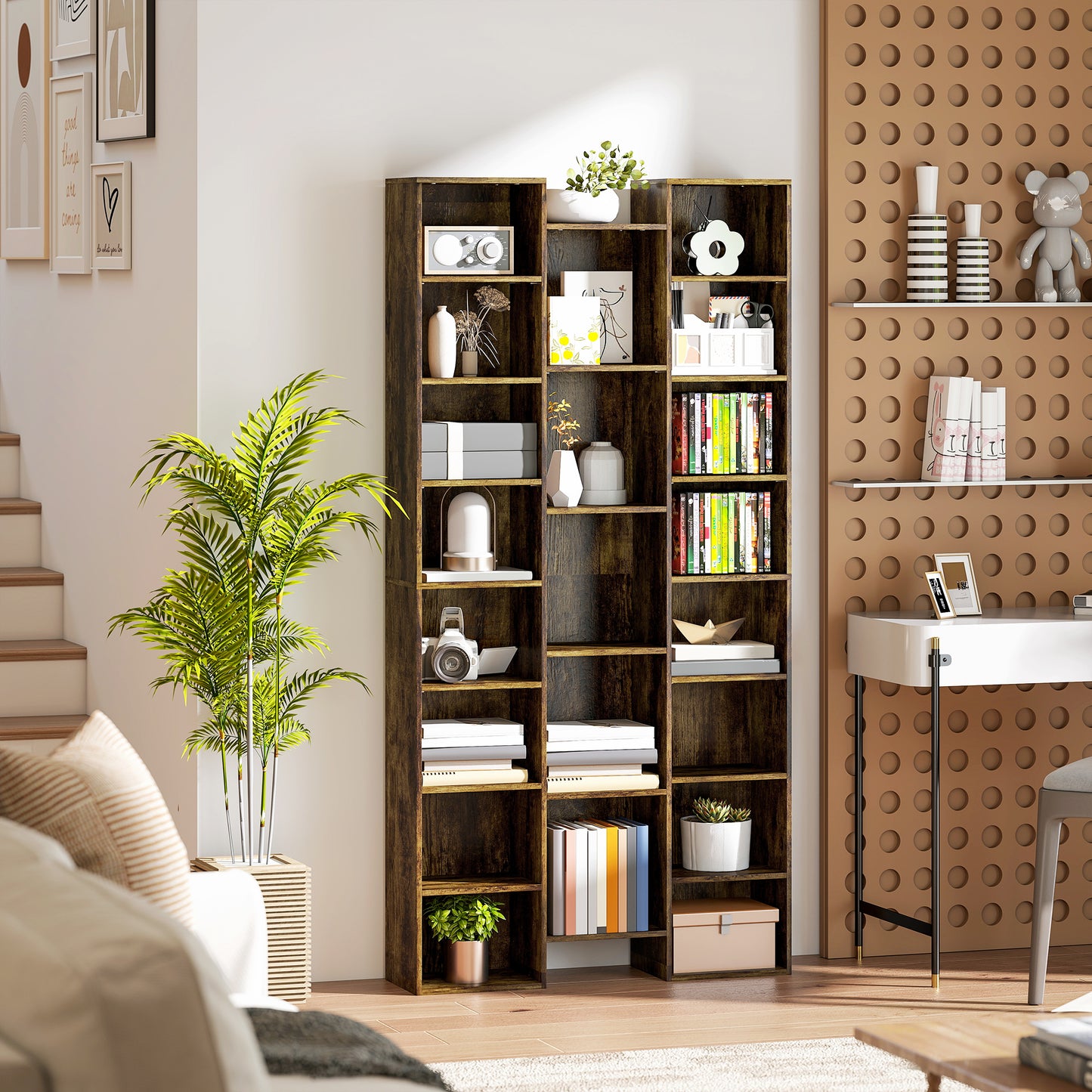 HOMCOM 21 Compartment Tall Bookshelf Brown With Adjustable Shelves And Modern Design