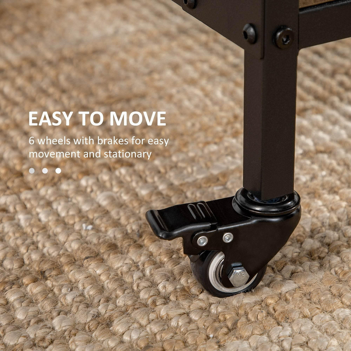 Black caster wheel with brake on folding table leg for easy moving