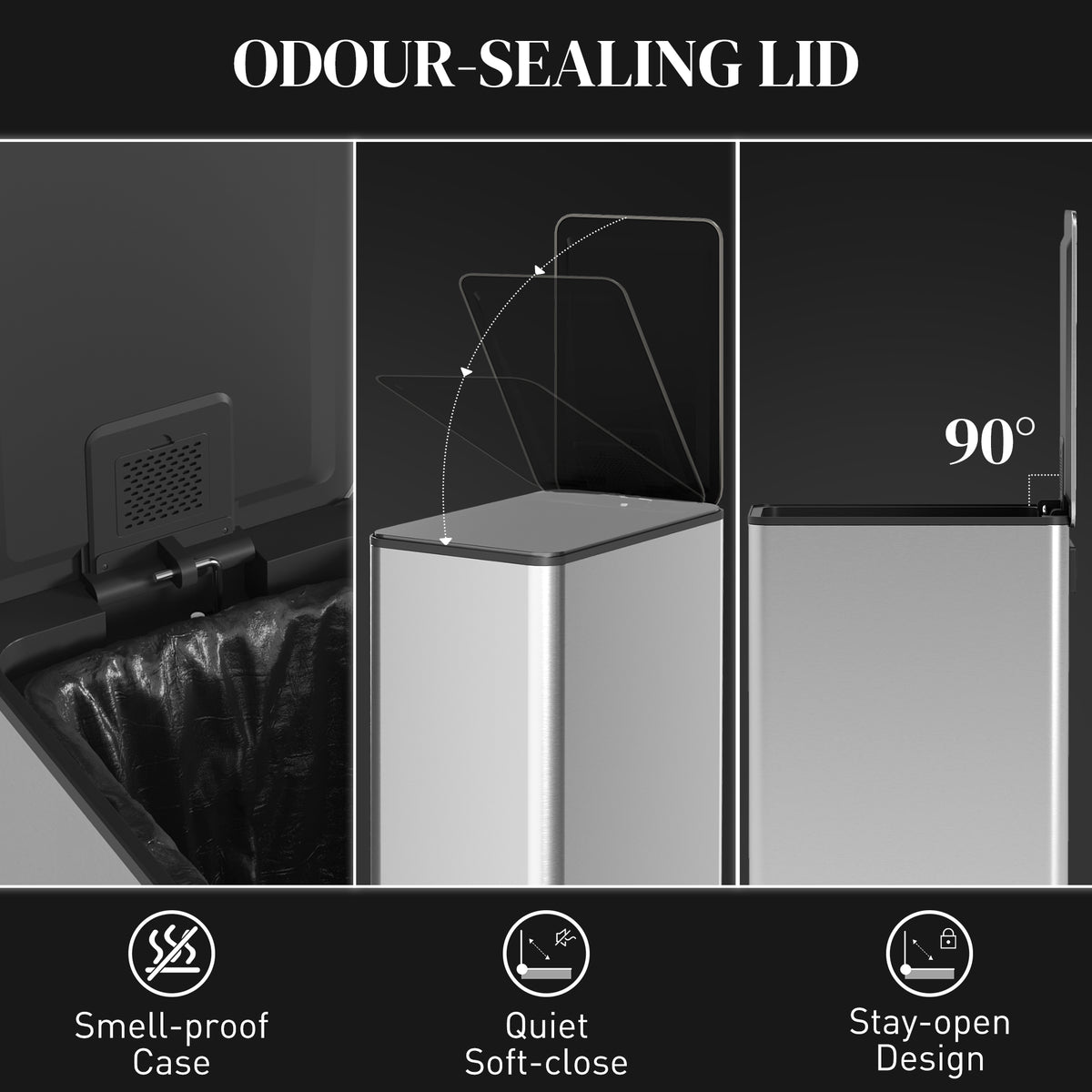 Stainless steel pedal bin with odor-sealing lid, quiet soft-close, and stay-open