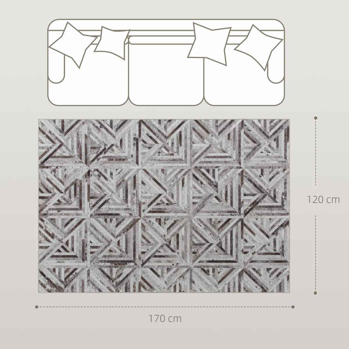 Rectangle triangle patchwork area rug with gray and white geometric pattern