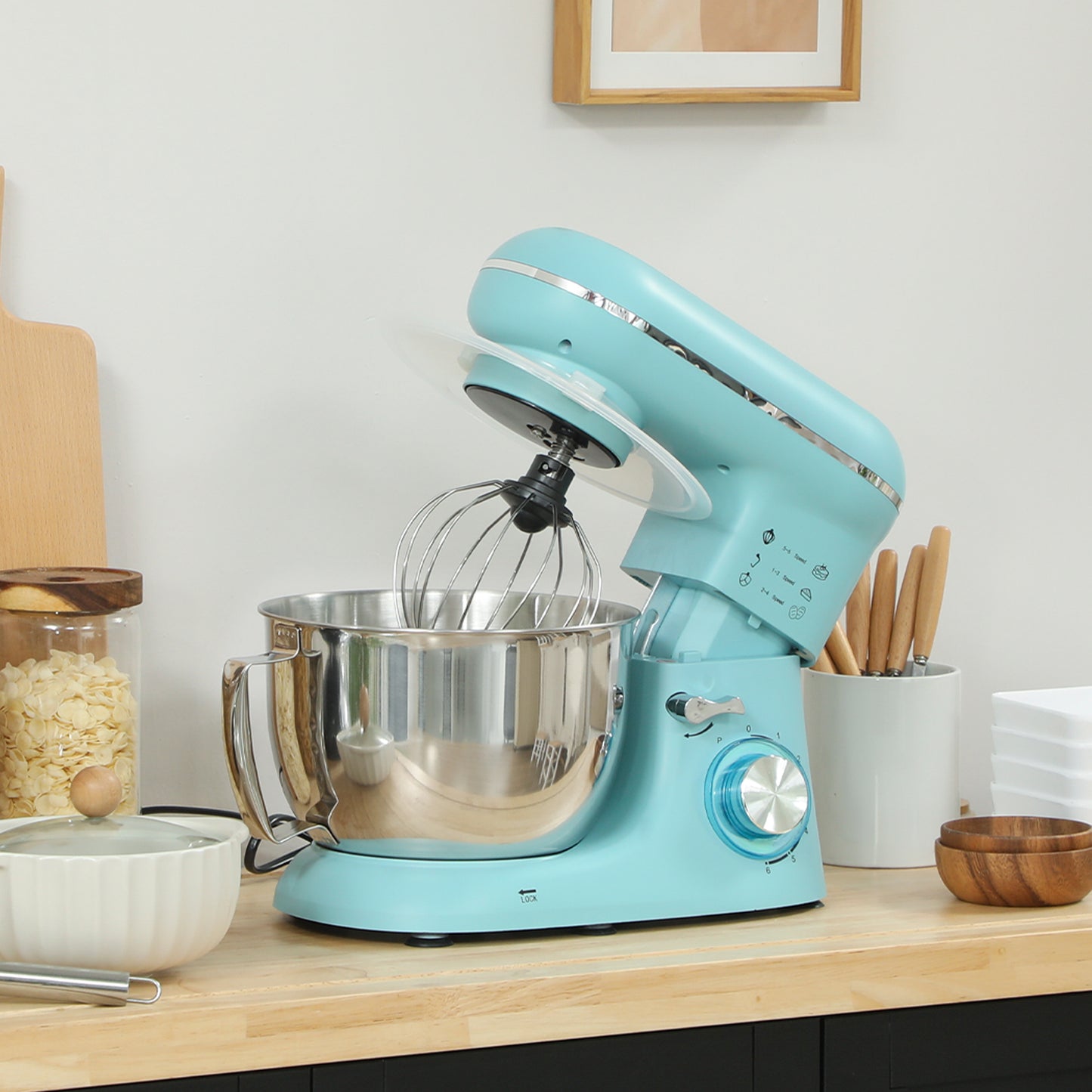 HOMCOM 1300W Kitchen Stand Mixer with Accessories Blue Four Point Five Liter Stainless Steel Bowl Six Speed Pulsation
