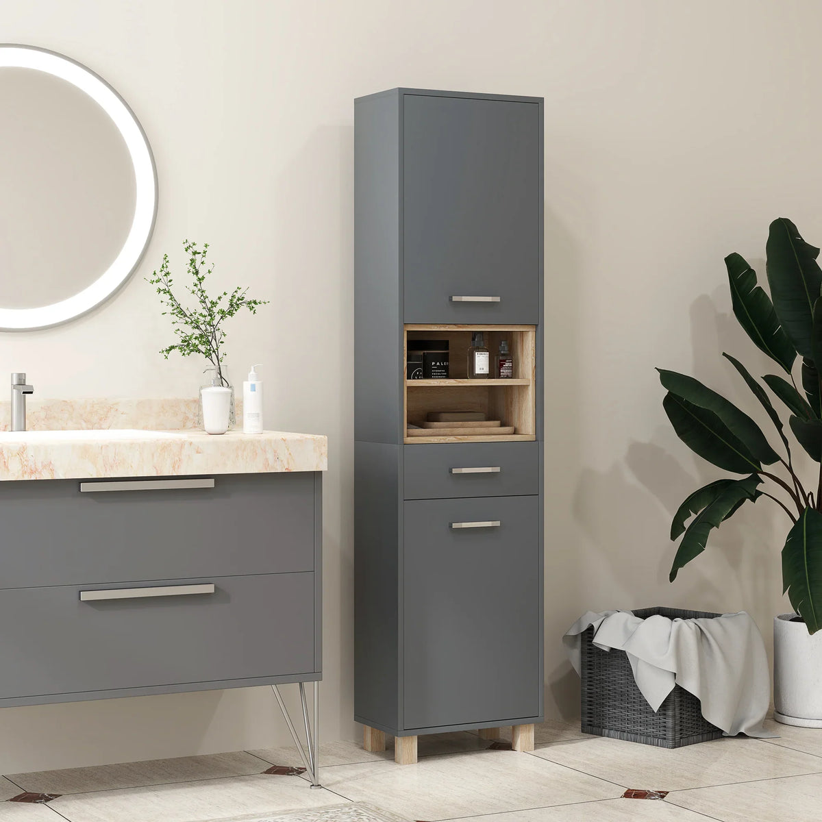 Tall matte grey bathroom storage cabinet with open top shelf and two drawers