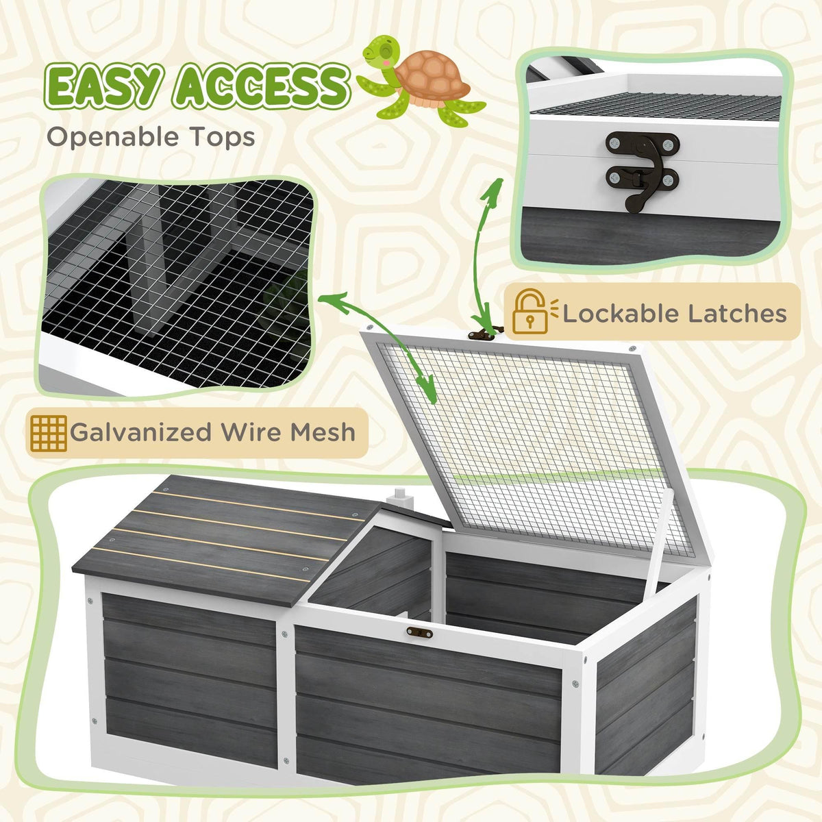 Wooden tortoise enclosure with openable top, galvanized wire mesh, and lockable latches