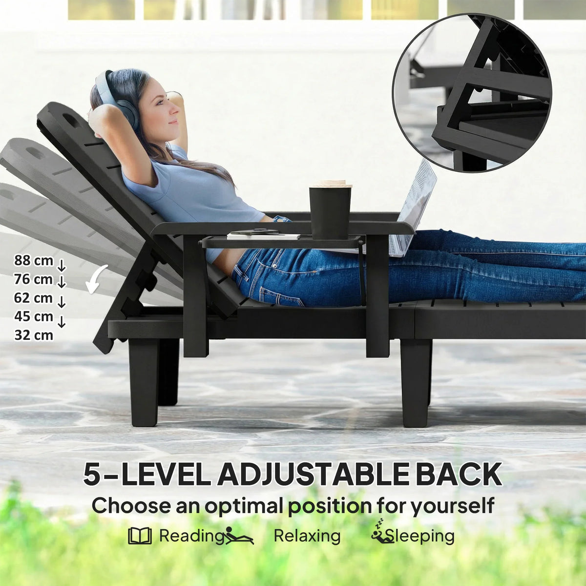 Black reclinable outdoor sun lounger with armrests, shown with a seated person.
