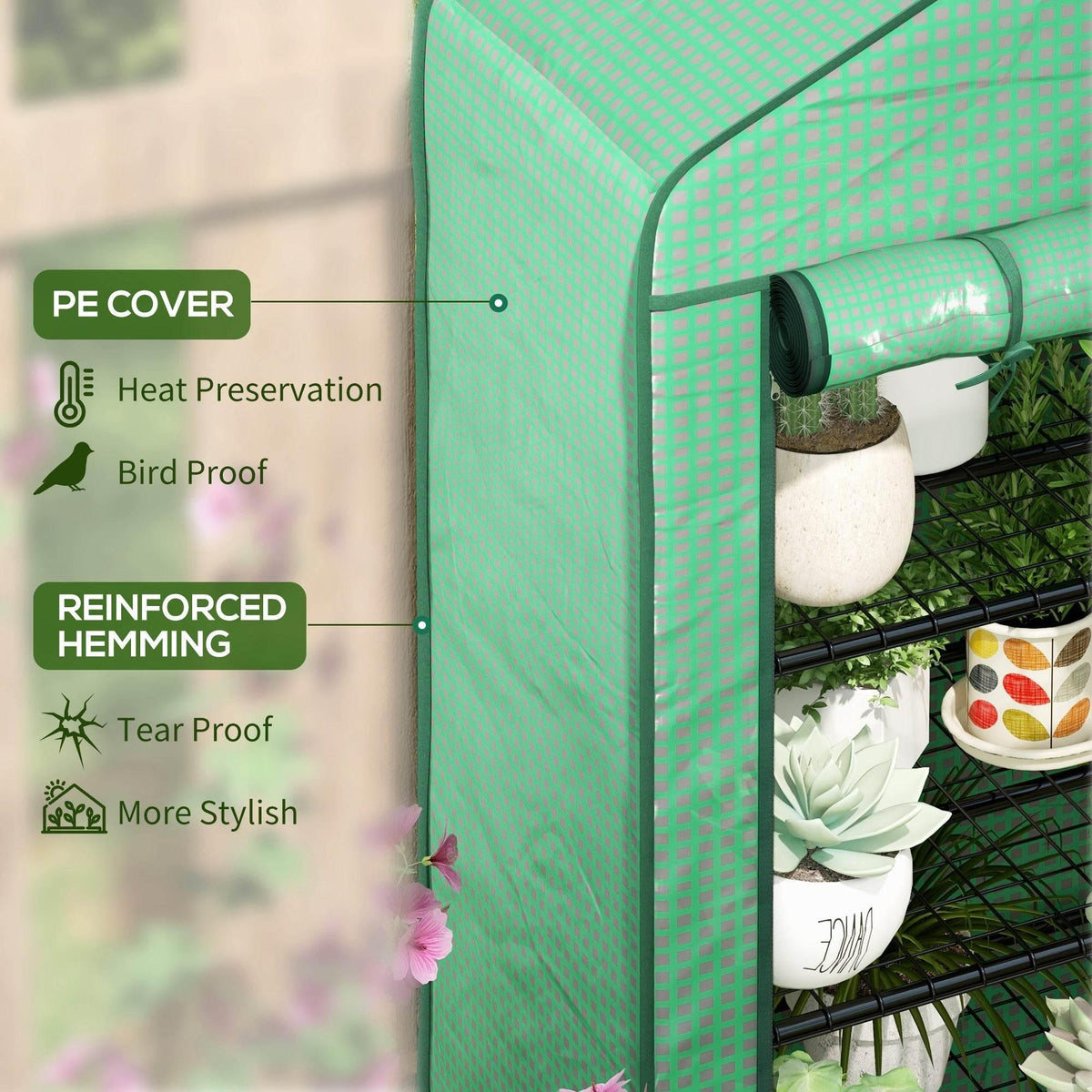 Green PE plastic greenhouse cover detail with reinforced hem stitching and zip panel