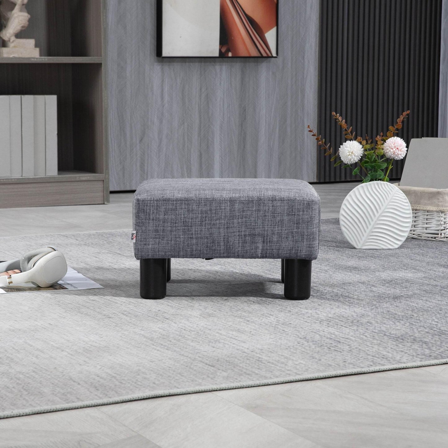 HOMCOM Compact Grey Upholstered Ottoman Footstool with Durable Plastic Legs - ALL4U RETAILER LTD