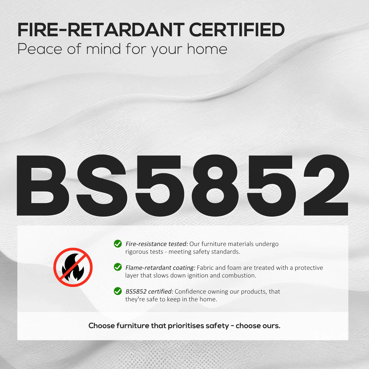 Fire-retardant certified label graphic for furniture with test details and flame symbols