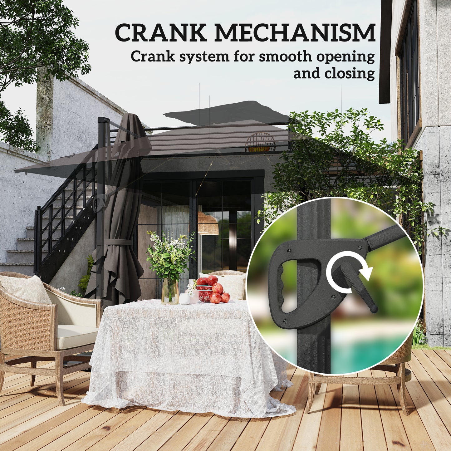 Outsunny Cantilever Parasol With Solar LED Lights Crank Tilt Aluminium Square Patio Umbrella Cross Base UPF50 Grey