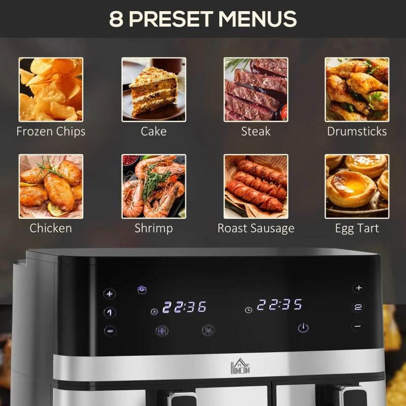 Dual-basket air fryer with 8 preset menu icons on digital display