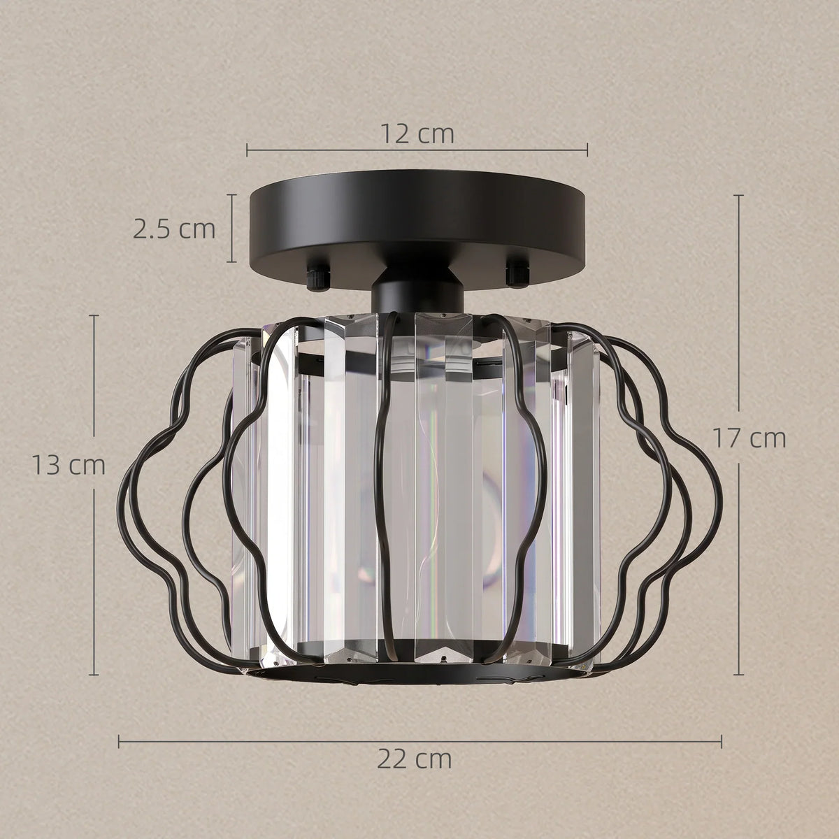 Black semi-flush mount ceiling light with clear crystal bars and labeled size diagram