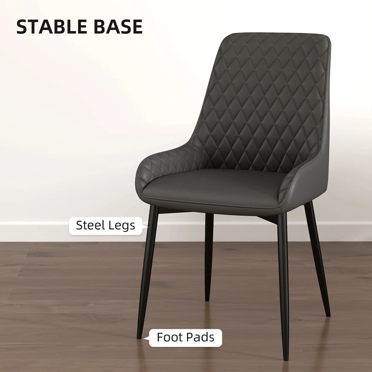 Grey PU leather dining chair with quilted back, steel legs, and foot pads