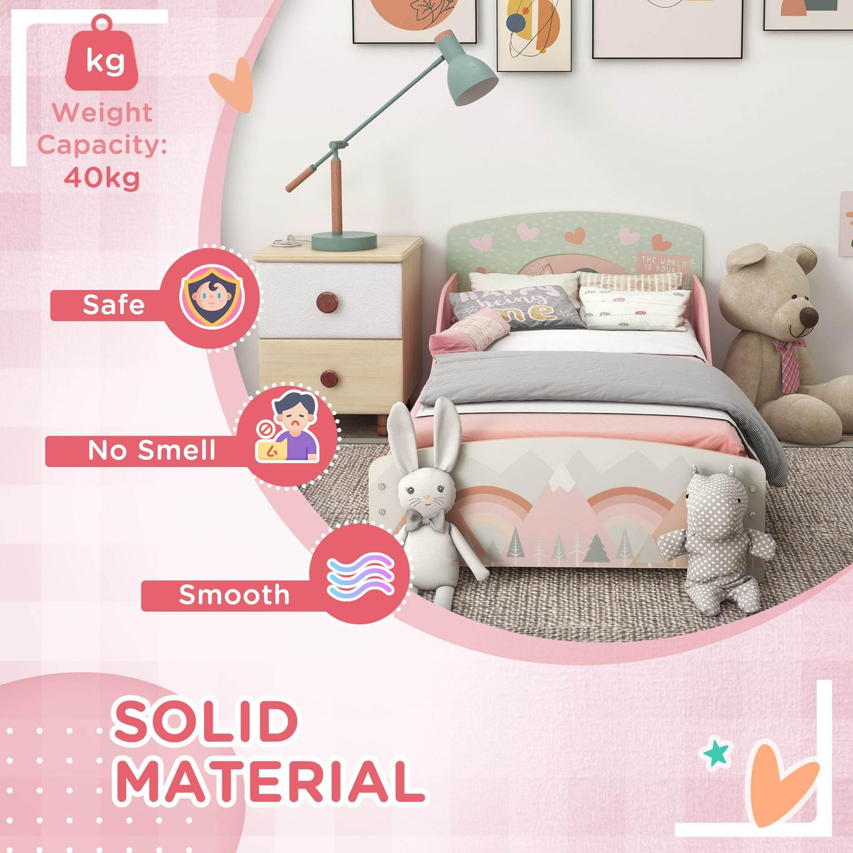 Pink toddler bed with solid frame and plush bunny bedding
