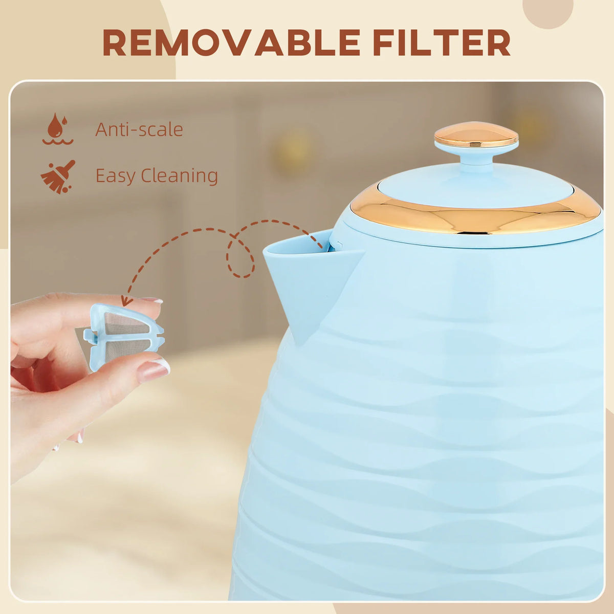 Light blue electric kettle with removable anti-scale filter, shown near the spout area.