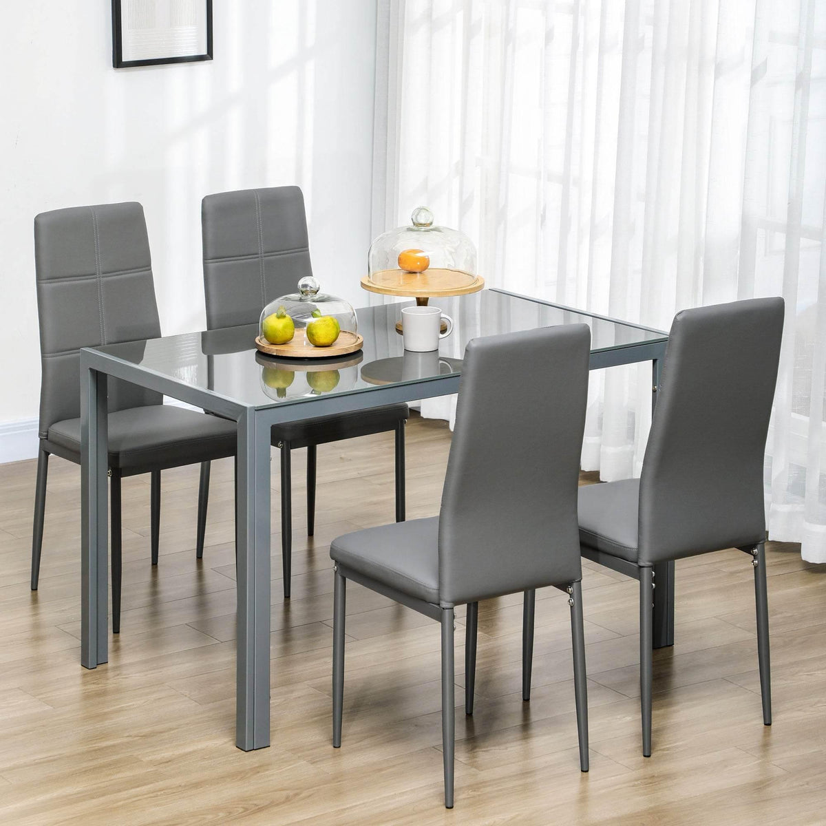 5-piece dining table set: grey glass-top table with four matching upholstered chairs