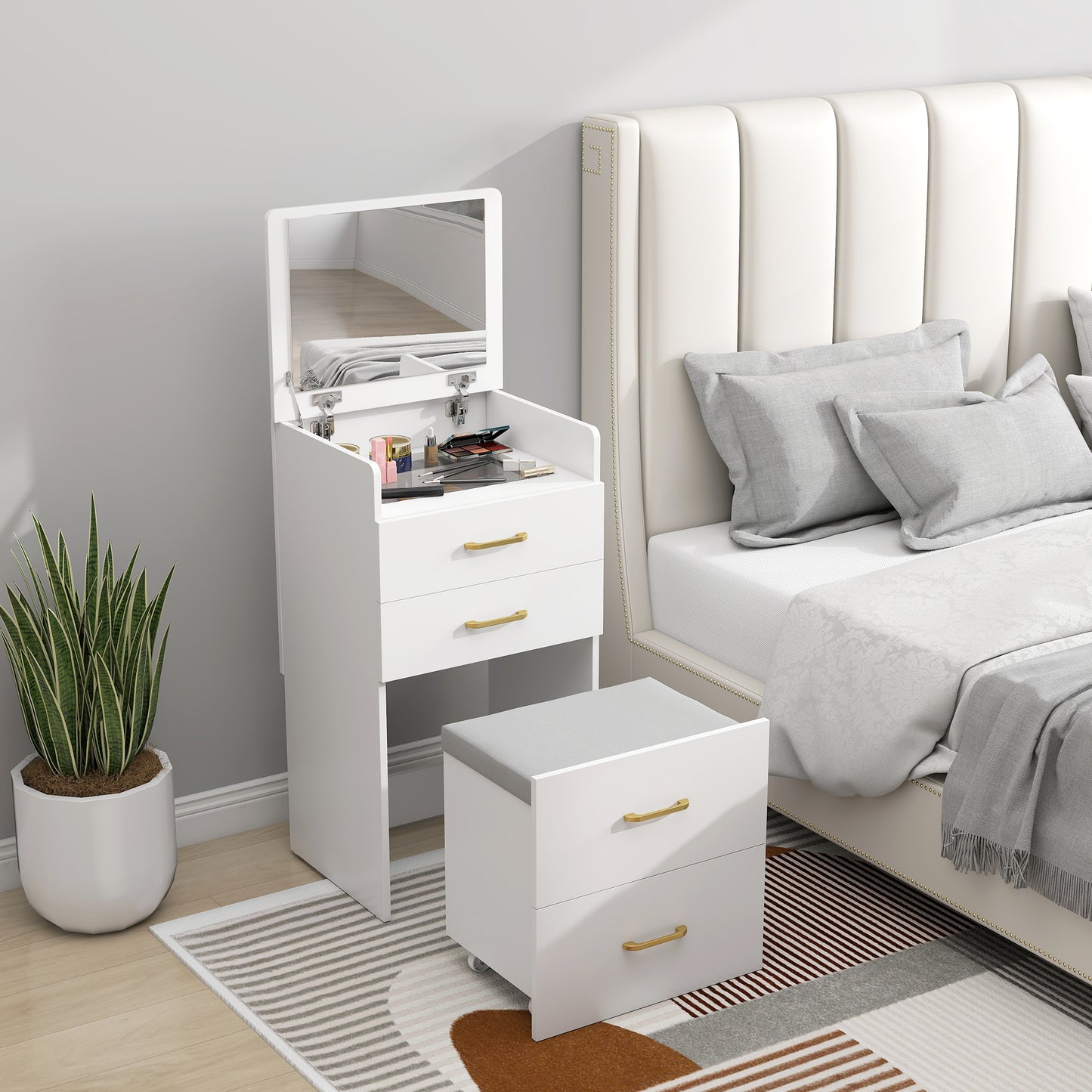 HOMCOM Compact Dressing Table And Stool Set With White Mirror And Storage Two Drawers And Eight Grid Storage