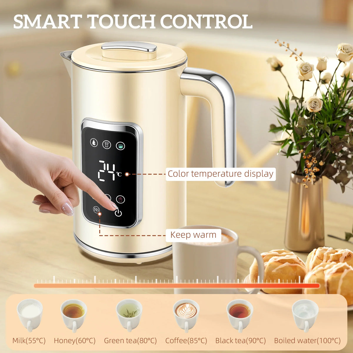Cream touch-control electric kettle with display panel and keep-warm function
