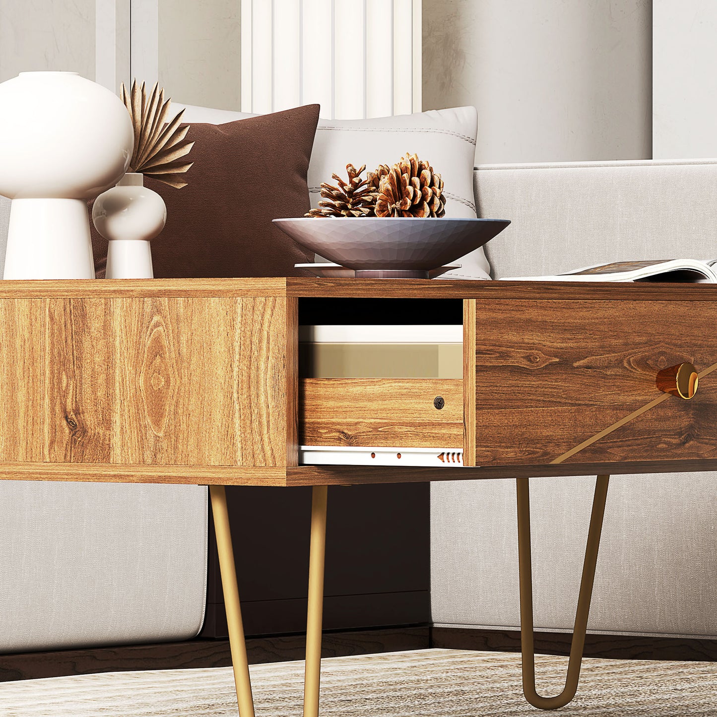 HOMCOM Coffee Table With Storage And Drawers, Rectangular Living Room Table With Steel Base Brown 100 x 50 x 41 cm