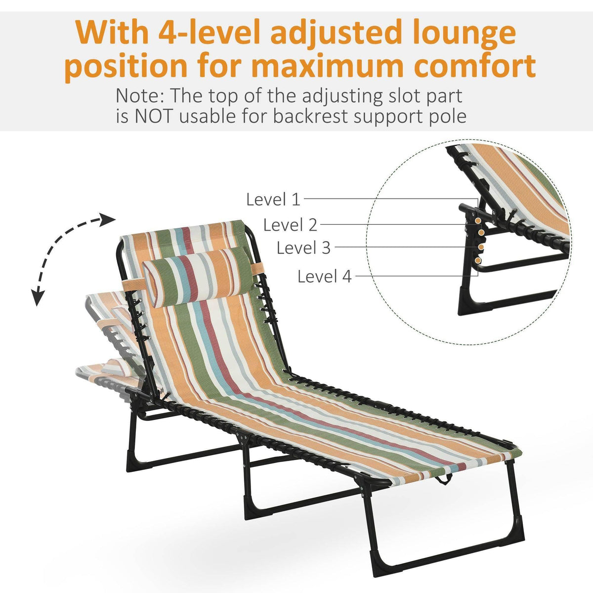 4-level adjustable chaise lounge with multicolor striped cushion and black support frame