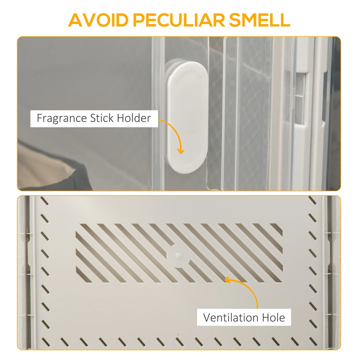 Clear shoe box with fragrance stick holder and ventilation holes on the base