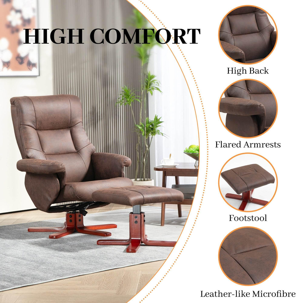 Dark brown faux leather recliner chair with footstool, high back and flared armrests