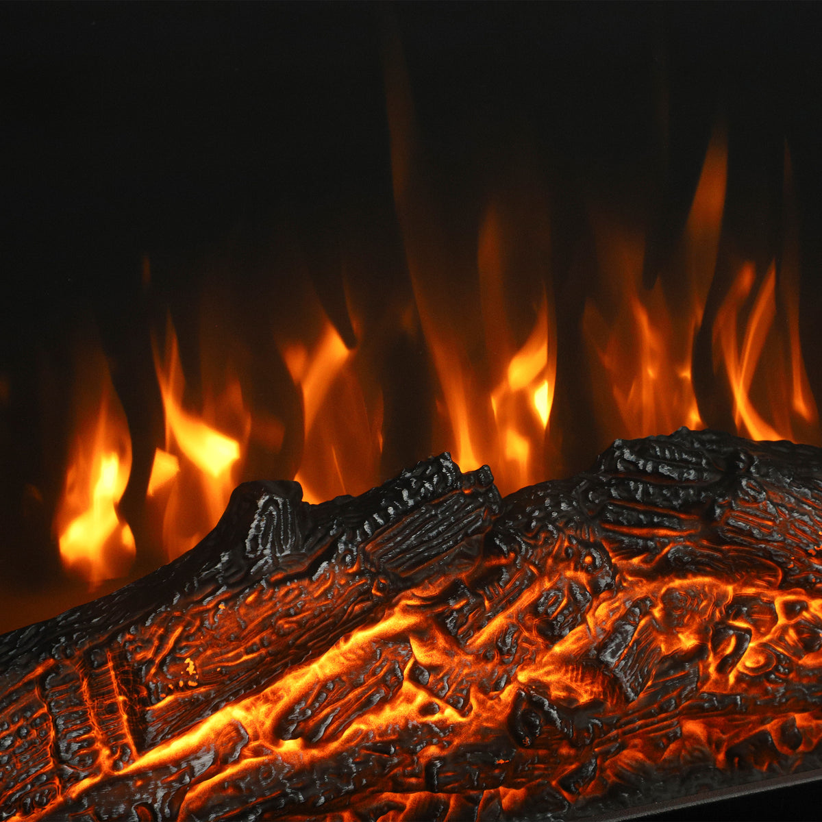 3D electric firebed with bright orange flames and dark glowing log texture