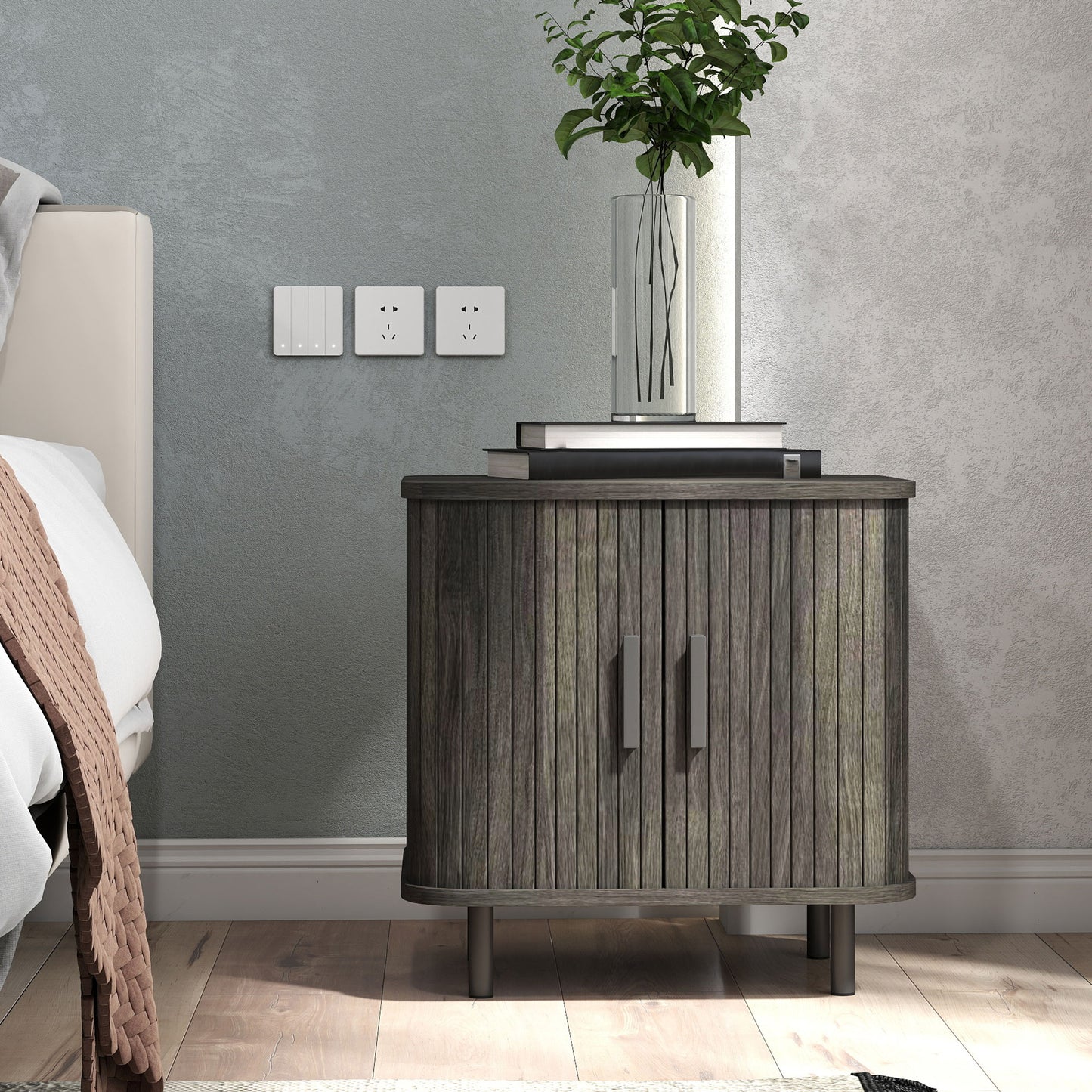 HOMCOM Nightstand With Sliding Doors And Metal Legs Grey Two Tier Bedside Table Nordic End Table
