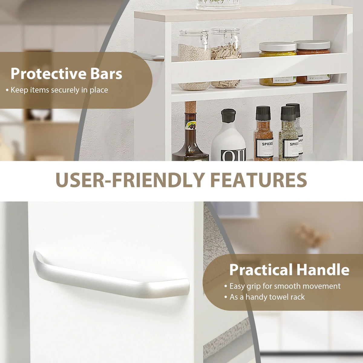 White storage cart with protective bars along shelves and side towel-handle