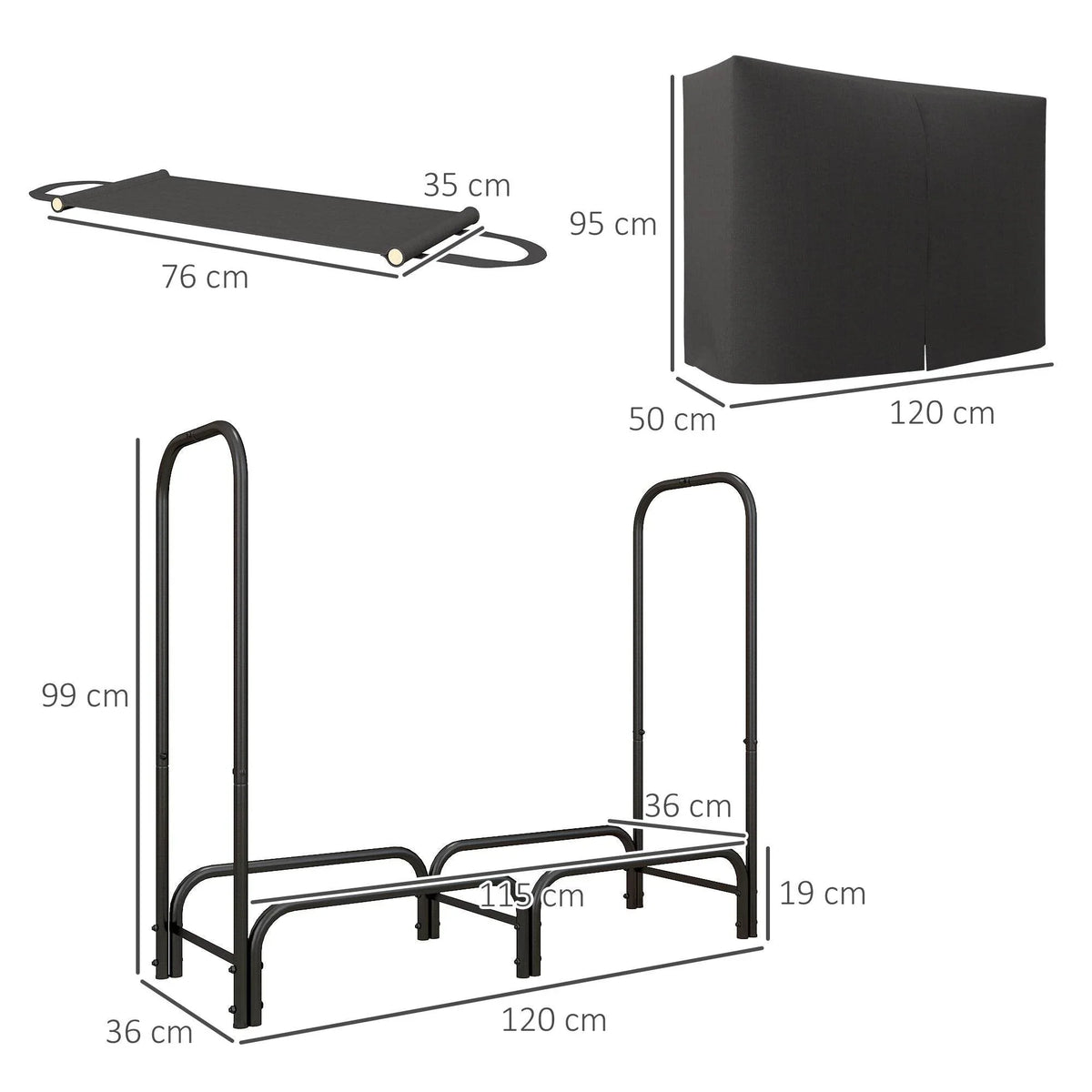 Black firewood rack frame with cover panels and carrying handles, shown with measurements