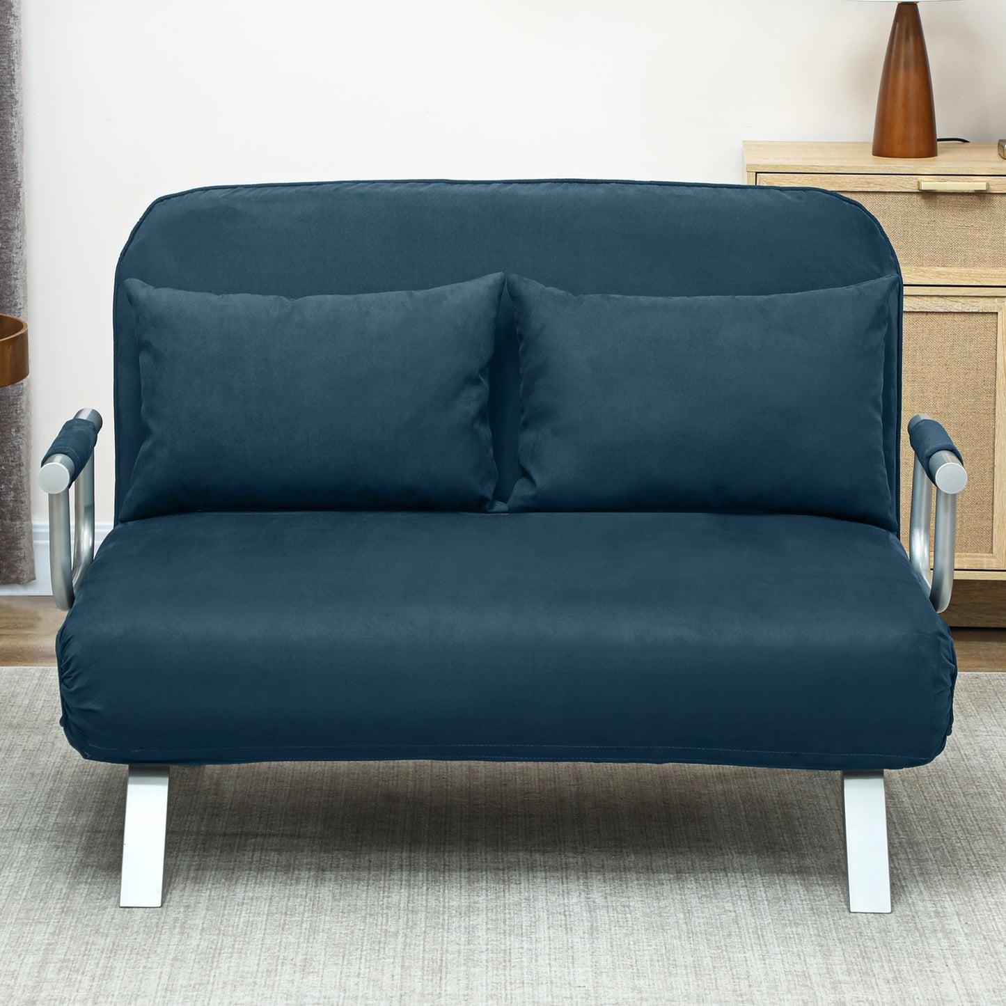 HOMCOM Two Seater Click Clack Sofa Bed Navy Blue With Adjustable Back And Faux Suede Upholstery