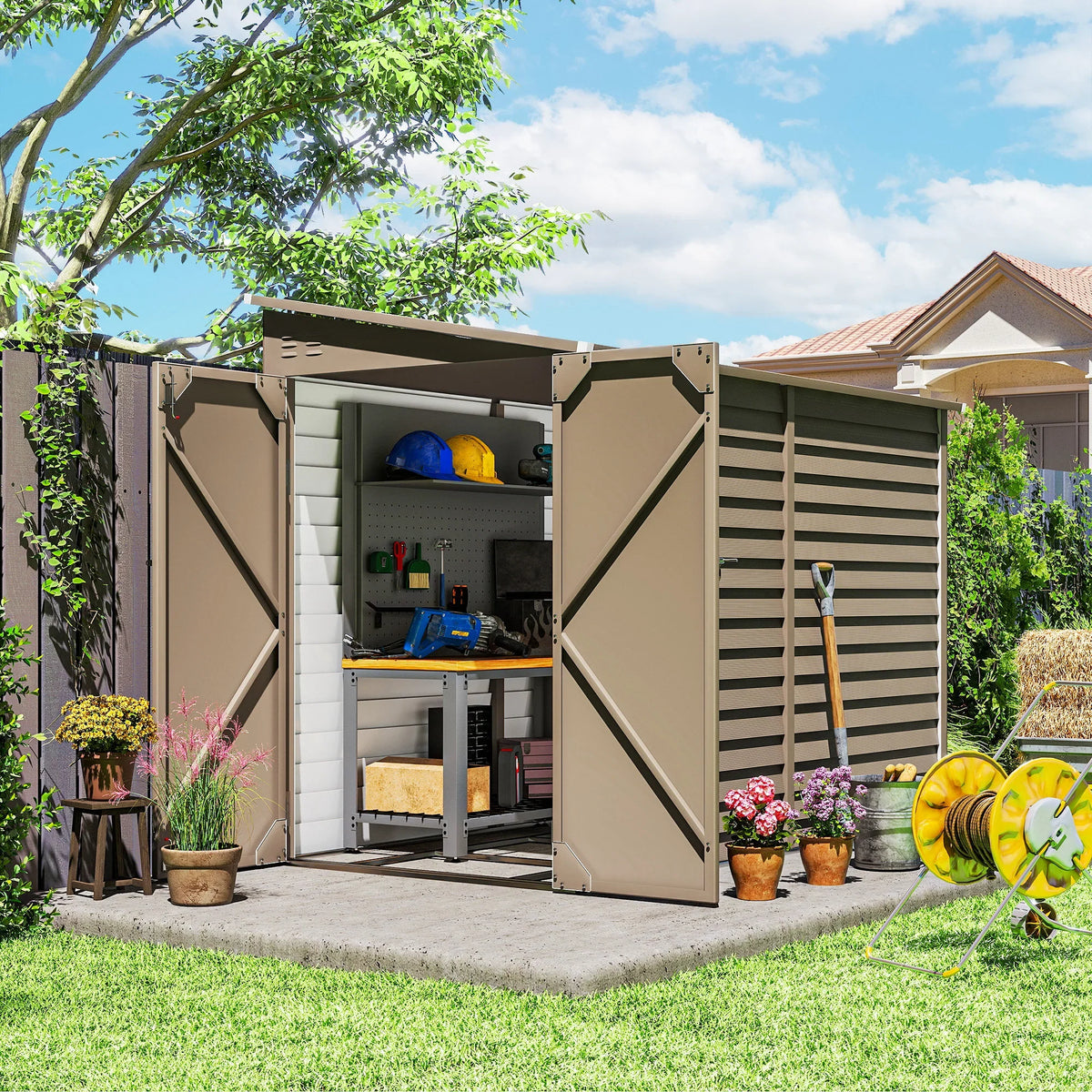 Brown metal garden shed with double hinged doors, open access to storage interior