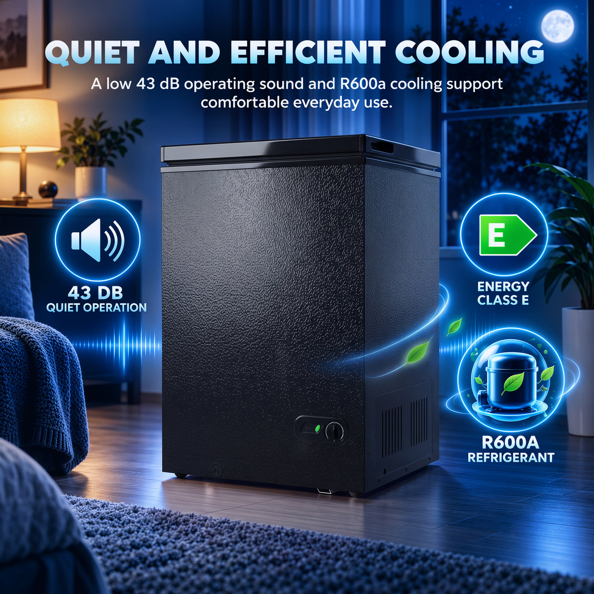 Black chest freezer with illuminated front control indicator
