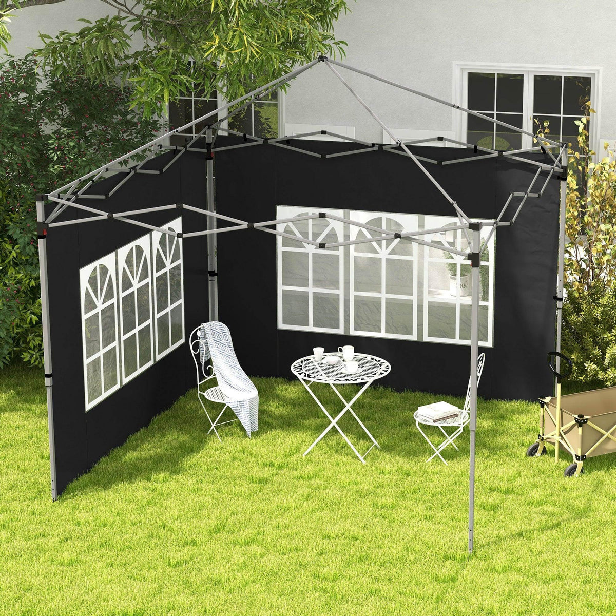 Black gazebo side panel pair with white arched window inserts, for pop-up tents