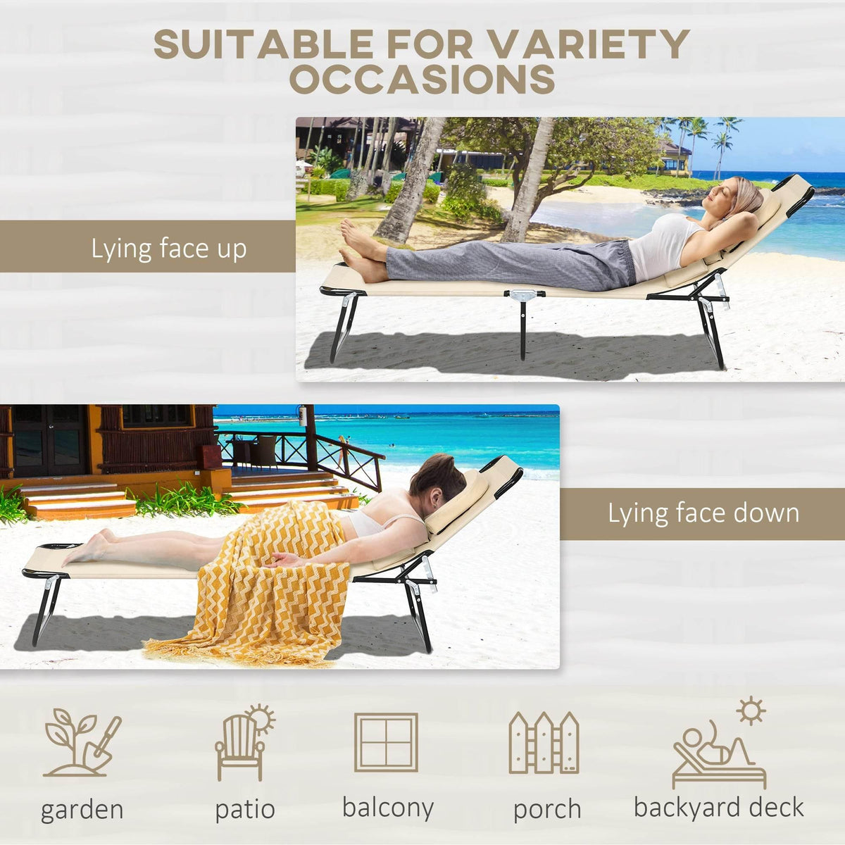 Reclining sun lounger with beige cushion and face-hole pillow, shown in outdoor settings