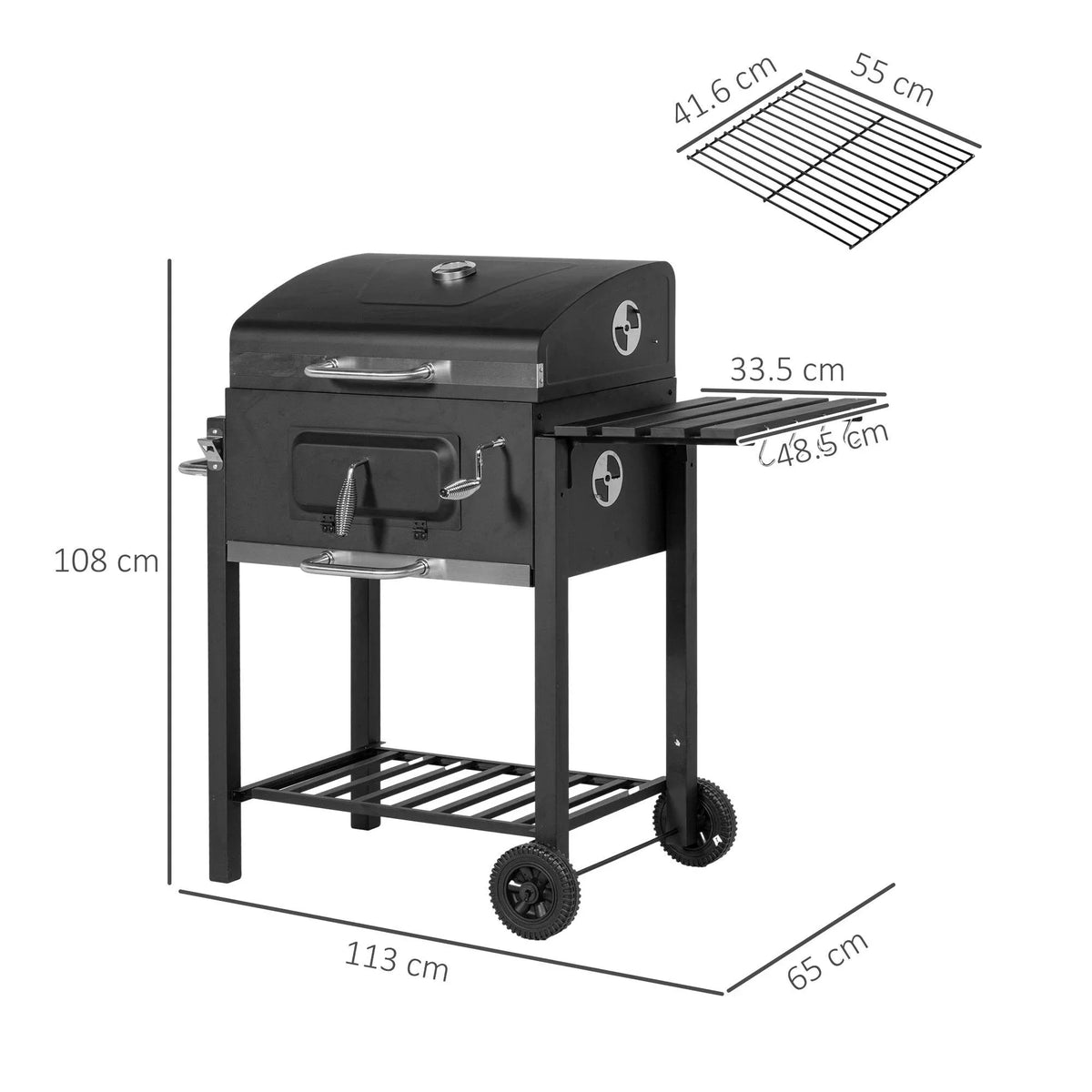 Adjustable charcoal BBQ grill with black cart frame and thermometer on lid.