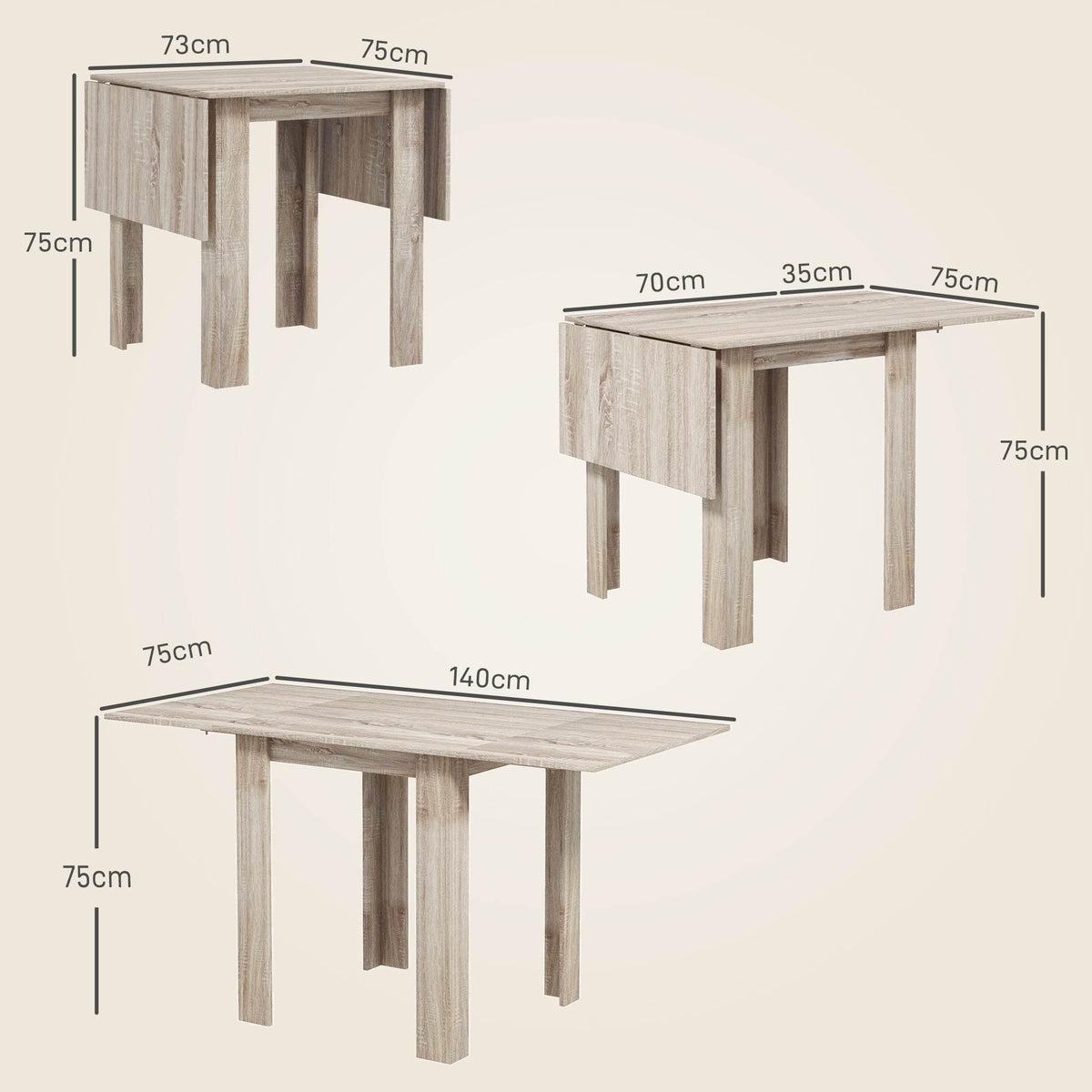 Light oak drop-leaf dining table with folded and extended sizes, height and width shown