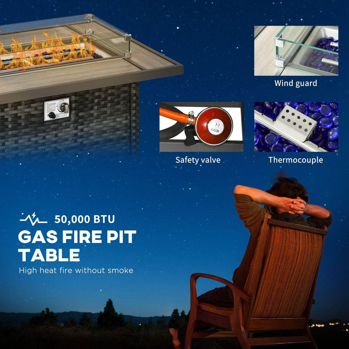 Gas fire pit table with grey rattan body and blue glass stones