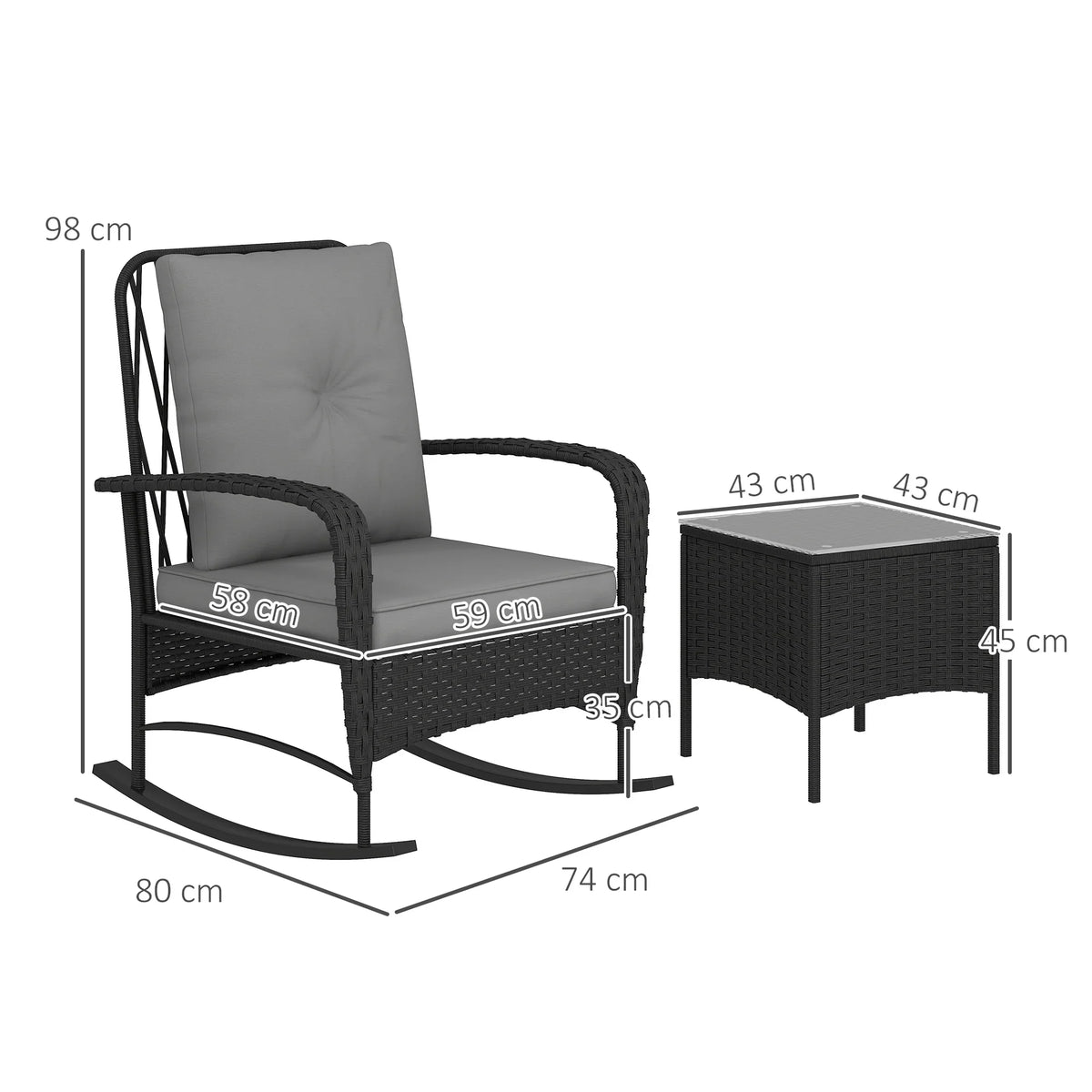 Black rocking chair with gray cushion beside woven rattan side table