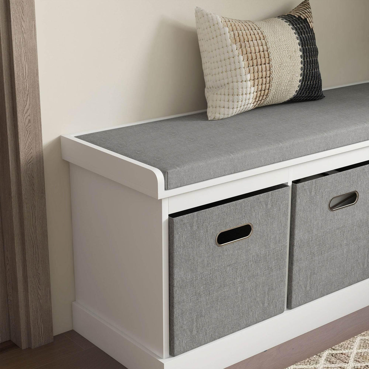 HOMCOM white shoe storage bench corner view with padded gray seat and gray drawers with handles