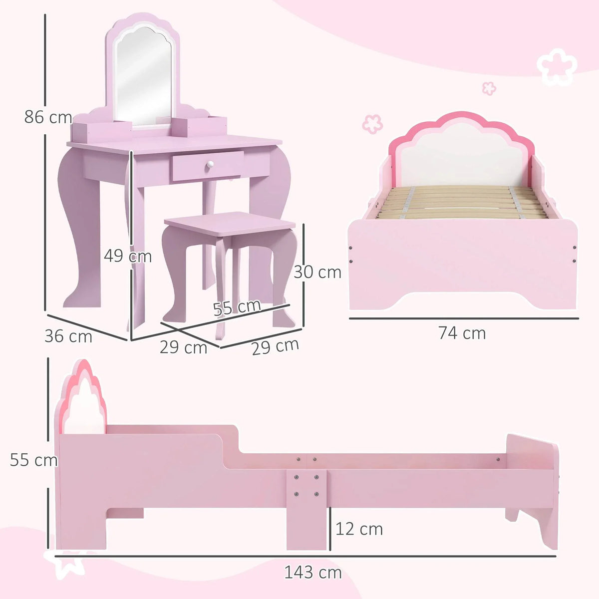 Pink cloud-themed kids dressing table, stool, and bed set with size diagram