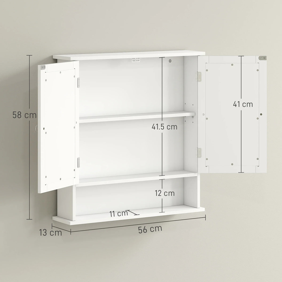 Wall-mounted white bathroom storage cabinet with open interior shelf and door hinges