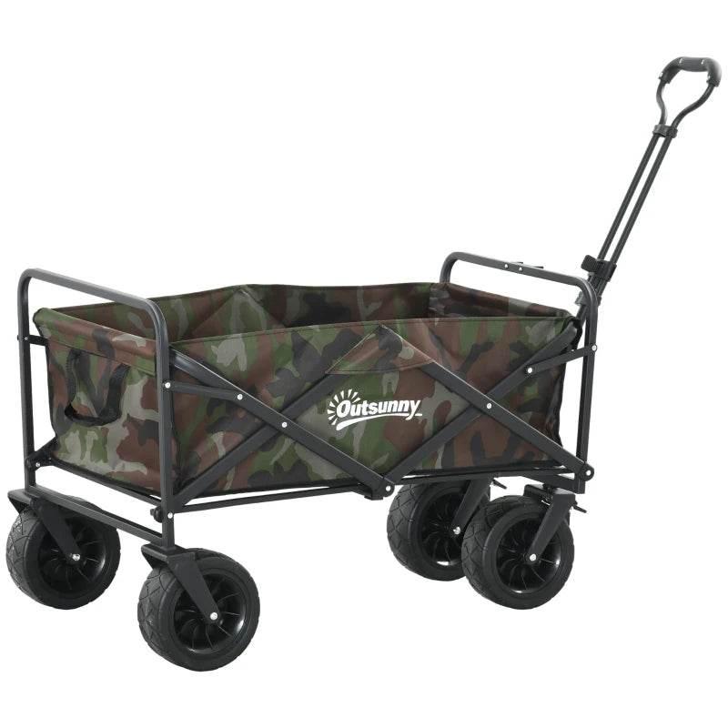 Camouflage folding garden wagon trolley with handle and four black caster wheels