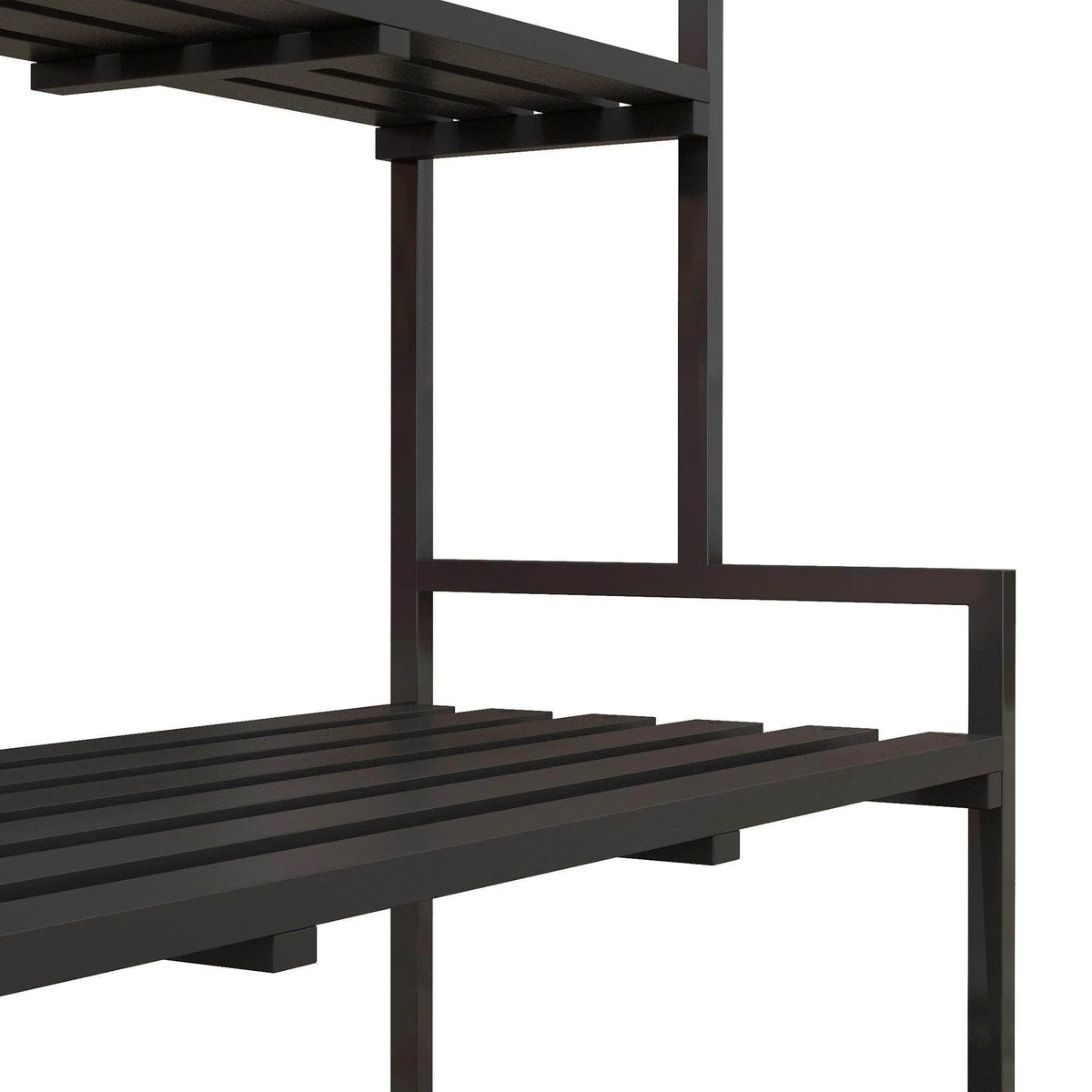 Black metal shelf frame with slatted platforms and vertical support posts